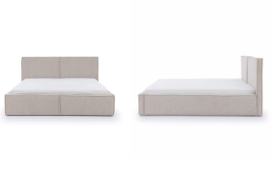 szare łózko tapicerowane o prostych kształtach