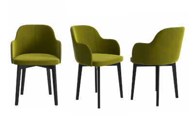 tapicerowany zielony fotelik na drewnianych czarnych nóżkach