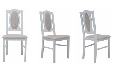 klasyczne krzesła drewniane z tapicerowanym siedziskiem i oparciem, zdobione frezami