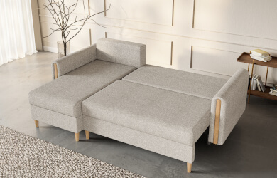 naroznik z funkcją spania i pojemnikiem na pościel, szary z elementami drewnianymi, na nóżkach