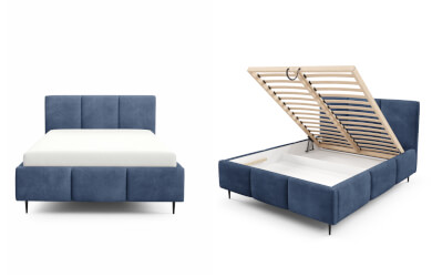 łóżka tapicerowane na metalowych nóżkach z otwartym pojemnikiem na pościel oraz stelażem materaca, posiadają dekoracyjne przeszycia