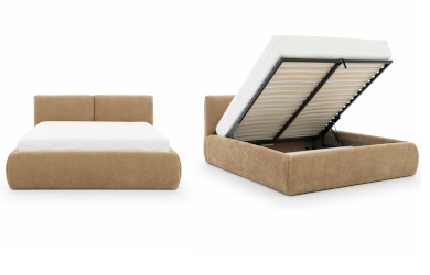 łóżko tapicerowane beżowe z pojemnikiem i podnoszonym stelażem