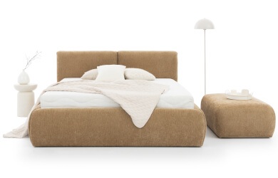 brązowe łóżko tapicerowane do sypialni