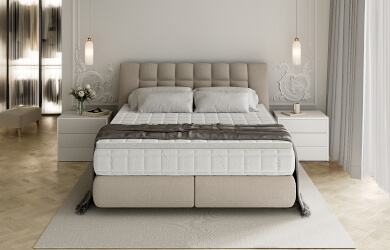 łóżko sypialniane Diuna z tapicerowaną platofromą i wezgłowiem oraz grubym materacem