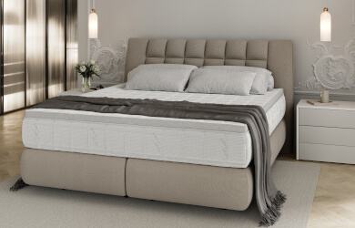 łóżko sypialniane Diuna z tapicerowaną platofromą i wezgłowiem oraz grubym materacem