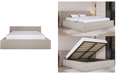 łóżko tapicerowane  o prostej geometrycznej formie z pojemnikiem i podnoszonym stelażem