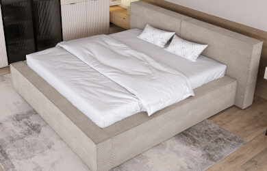 łóżko tapicerowane  o prostej geometrycznej formie z pojemnikiem i podnoszonym stelażem