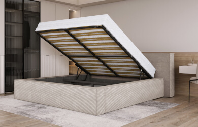 łóżko tapicerowane  o prostej geometrycznej formie z pojemnikiem i podnoszonym stelażem