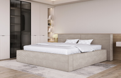 łóżko tapicerowane z szeroką ramą do nowoczesnej sypialni