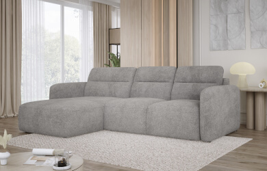 szary narożnik z wysuwanym elektrycznie siedziskiem i regulowanymi zagłówkami