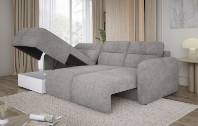 szary narożnik z pojemnikiem i funkcją spania