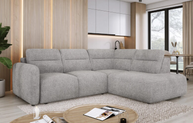 naroznik szary do salonu z oparciami na obu ramionach, posiada wysuw elektryczny siedziska