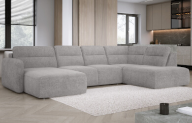 szary narożnik z wysuwanym siedziskiem i pojemnikiem na pościel w kształcie U