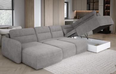 naroznik z pojemnikiem i elektrycznym wysuwem siedziska w kształcie litery U w kolorze szarym