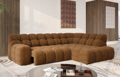 brązowy narożnik z przeszyciami i wysuwanym siedziskiem do salonu typu L