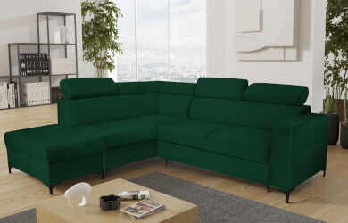 zielony naroznik Dorian z doczepianą pufą oraz pojemnikiem na posciel i funkcją spania, posiada regulowane zgłówki oraz pikowane i przeszywane dekoracyjnie siedzisko