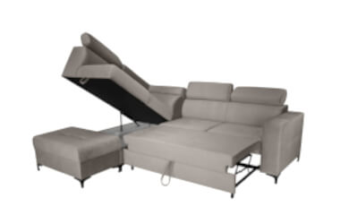 naroznik Dorian, szary z funkcja spania i pojemnikiem na posciel i regulowanymi zagłówkami, na czarnych nóżkach, typ L