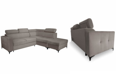 nowoczesny szary naroznik Dorian z funkcja spania pojemnikiem na pościel i doczepianą pufą, kanapa narożna typ L