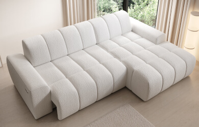 narożnik jasnobeżowy, z przeszyciami, z elektrycznie wysuwanym siedziskiem, typu L, do salonu, nowoczesny mebel