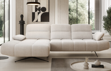 naroznik do salonu na metalowych nózkach z przestawnymi manualnie oparciami i regulacją podłokietników