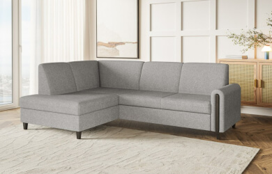 szary narożnik typu L rozkładany, nowoczesny, z pojemnikiem na pościel