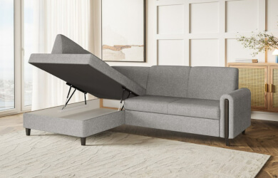 szary naroznik z elementami drewnianymi oraz funkcja spania i pojemnikiem na posciel