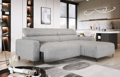 nowoczesny narożnik z wysuwanym siedziskiem i regulowanymi zagłówkami