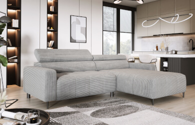 nowoczesny narożnik z wysuwanym siedziskiem i regulowanymi zagłówkami