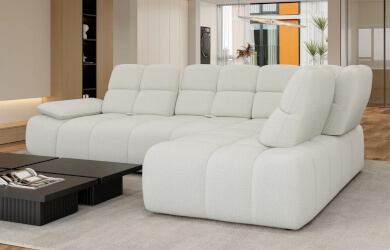 nowoczesny narożnik L jasny Gamba z przeszyciami i regulowanymi oparciami