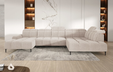 narożnik nowoczesny do salonu w kształcie litery U na wyszokich czarnych nóżkach