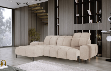 narożnik typ L do salonu z przeszyciami i wysuwanym siedziskiem i regulowanymi zagłówkami