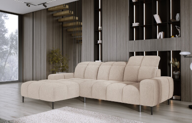 nowoczesny naroznik do salonu z przeszyciami i wysuwanym siedziskiem i regulowanymi zagłówkami