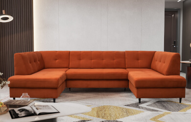 rudy, nowoczesny narożnik typ U z dwoma pojemnikami i funkcją spania