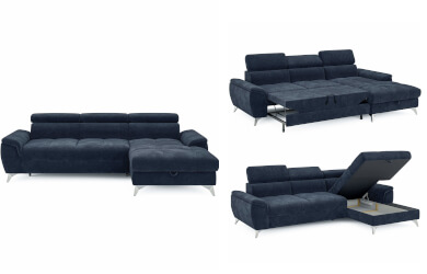 grfitowy narożnik z funkcją spania i pojemnikeiem na pościel na srebrnych metalowych nózkach, w kształcie literty L,  regulowane zagłowki, narożnik do nowoczesnych salonów