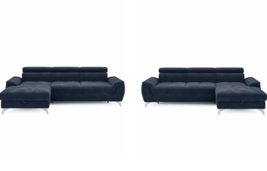 grfitowy narożnik z funkcją spania i pojemnikeiem na pościel na srebrnych metalowych nózkach, w kształcie literty L,  regulowane zagłowki, doskonały narożnik do nowoczesnych salonów