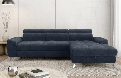 grfitowy narożnik z funkcją spania i pojemnikeiem na pościel na srebrnych metalowych nózkach, w kształcie literty L,  regulowane zagłowki, doskonały narożnik do nowoczesnych salonów