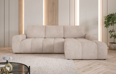 naroznik do salonu z przeszyciami funkcją spania typu DL oraz pojemnikiem na posciel