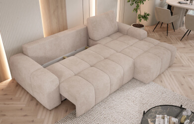 nowoczesny narożnik beżowy do salonu z funkcją spania codziennego i pojemnikiem na posciel