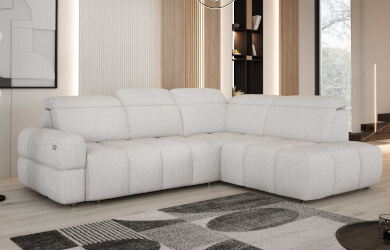 nowoczesny jasny narożnik mateo L w kształcie litery L, do salonu, z funkcją spania i pojemnikiem oraz regulowanymi zagłówkami