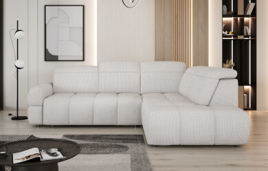 nowoczesny jasny narożnik mateo L w kształcie litery L, do salonu, z funkcją spania i pojemnikiem oraz regulowanymi zagłówkami