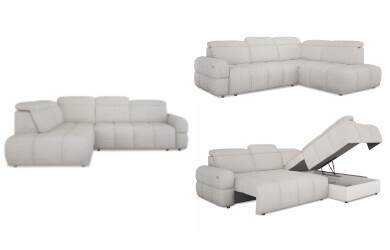 nowoczesny naroznik w kształcie litery U, w jasnym kolorze, z regulowanymi zagłówkami i wysuwanym elektrycznie siedziskiem, posiada pojemnik na pościel