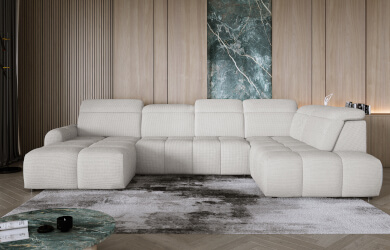 nowoczesny naroznik w kształcie litery U, w jasnym kolorze, z regulowanymi zagłówkami i wysuwanym elektrycznie siedziskiem, posiada pojemnik na pościel