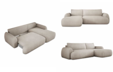 nowoczesny narożnik o zablonych kształtach do salonu, z pojemniekiem na pościel i funkcją spania codziennego typu DL