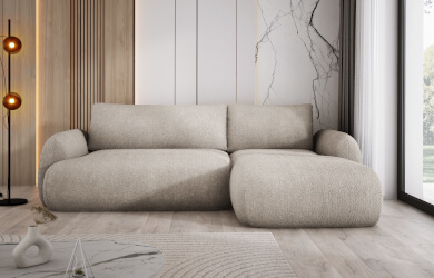 nowoczesny narożnik o zablonych kształtach do salonu, z pojemniekiem na pościel i funkcją spnia codziennego typu DL