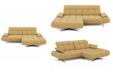 nowoczesny narożnik na wysokich metalowych czanych nózkach z regulowanymi oparciami i zagłówkami