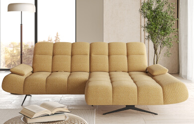 nowoczesny narożnik na wysokich metalowych czanych nózkach z regulowanymi oparciami i zagłówkami