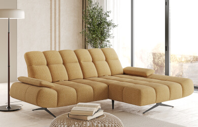 nowoczesny narożnik na wysokich metalowych czanych nózkach z regulowanymi oparciami i zagłówkami