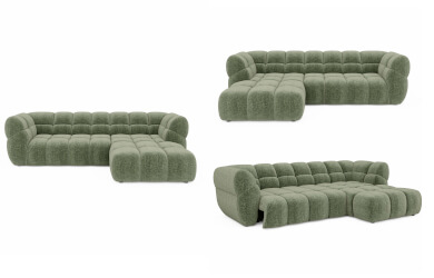 zielony narożnik phantom, posiada liczne przeszycia dekoracyjne siedziska i oparcia, mebel z wysuwanym elektrycznie siedziskiem