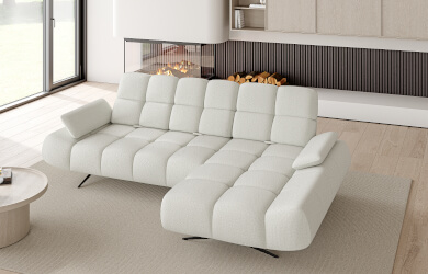 naroznik prado S na wysokich nóżkach i przeszywanym siedziskiem oraz oparciem, nowoczesny mebel typu L do salonu