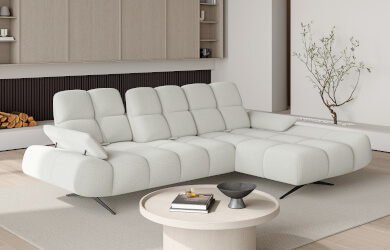 naroznik z przestawnymi oparciami prado S na wysokich nóżkach i przeszywanym siedziskiem oraz oparciem, nowoczesny mebel typu L do salonu